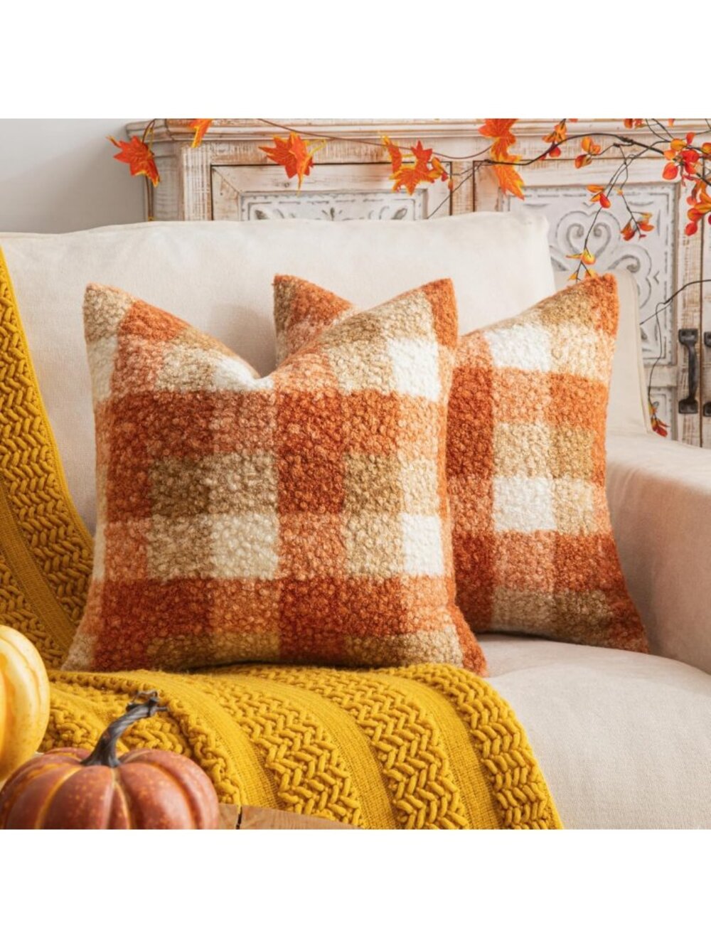 Cozy Orange Plaid Throw Pillow Covers - Set of 2, 26x26 Inch for Fall Decor